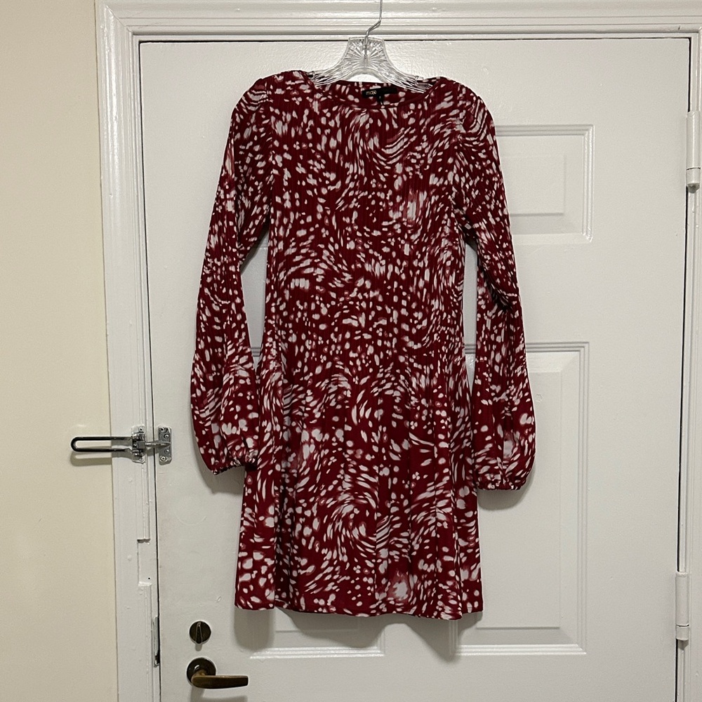 Maje Red and White Printed Long-Sleeve Mini Dress